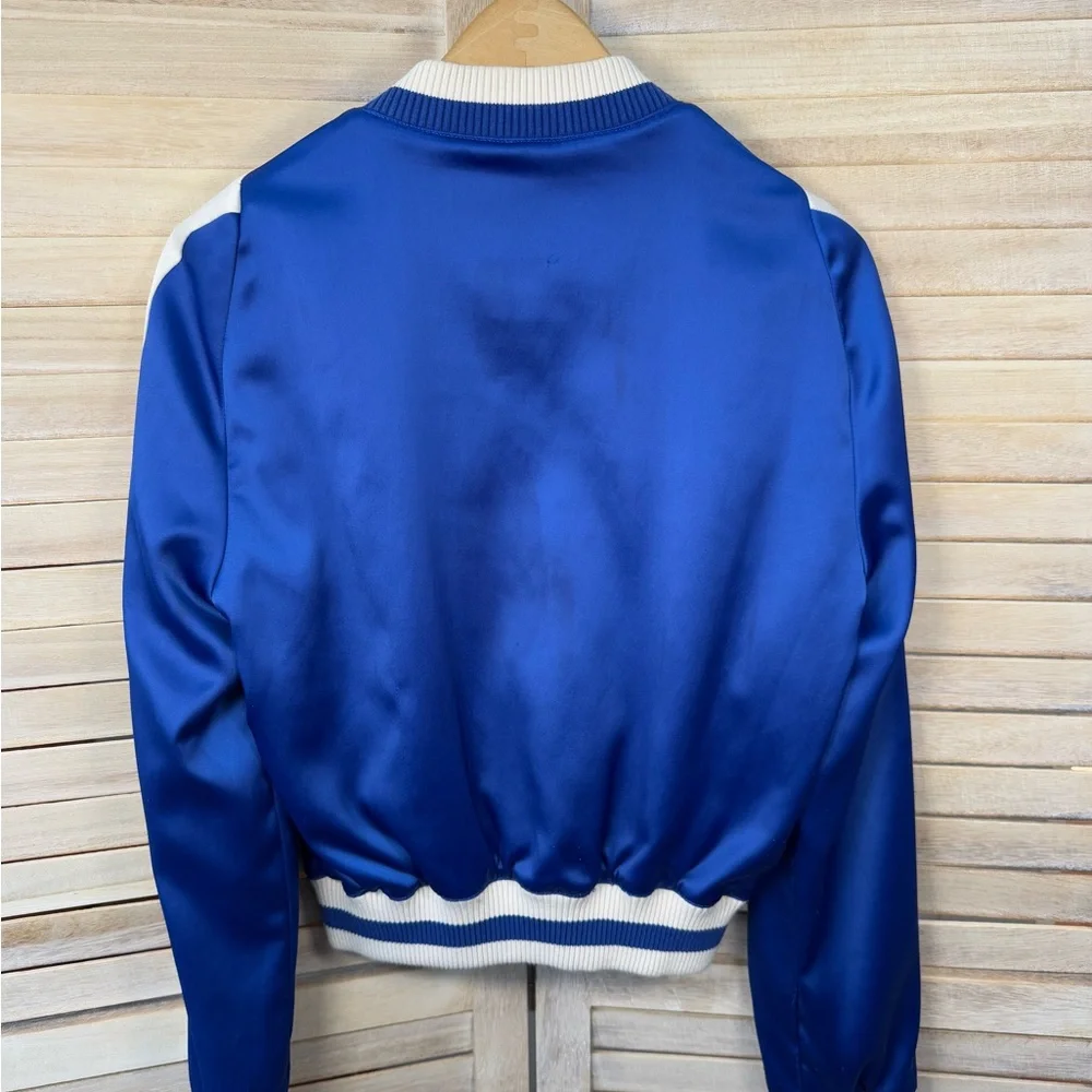 Maje Blue and White Satin Bomber Jacket with Cactus appliqué - Picture 2 of 12